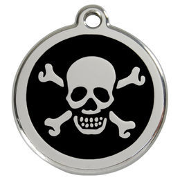 Produktbild von RedDingo Hundemarke aus Edelstahl mit individueller Gravur Totenkopf mit gekreuzten Knochen in Schwarz Größe S - 7 g