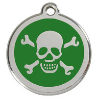 Produktbild von RedDingo Hundemarke aus Edelstahl mit individueller Gravur Totenkopf und gekreuzten Knochen in Grün Größe L