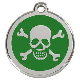 Produktbild von RedDingo Hundemarke aus Edelstahl mit individueller Gravur Totenkopf und gekreuzten Knochen in Grün Größe S - 7 g