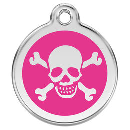Produktbild von RedDingo Hundemarke aus Edelstahl mit individueller Gravur Totenkopf und gekreuzten Knochen in Rosa