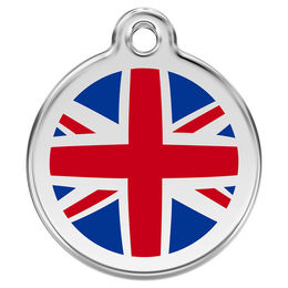 Produktbild von RedDingo Hundemarke aus Edelstahl mit individueller Gravur UK Flagge Größe M