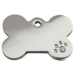 Produktbild von RedDingo Hundemarke aus Edelstahl mit Swarovski-Steinbesatz in Knochenform und individueller Gravur Silber Größe M