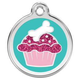 Produktbild von RedDingo Hundemarke Edelstahl Glitzer Cupcake in Türkis Größe M mit individueller Gravur