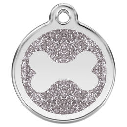 Produktbild von RedDingo Hundemarke mit individueller Gravur Glitzer Knochen Edelstahl Silber Größe M