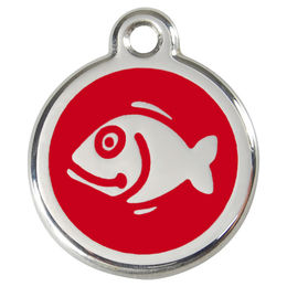 Produktbild von RedDingo Katzenmarke aus Edelstahl in Form eines roten Fisches mit Gravurmöglichkeit 20mm