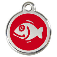 Produktbild von RedDingo Katzenmarke aus Edelstahl in Form eines roten Fisches mit Gravurmöglichkeit 20mm