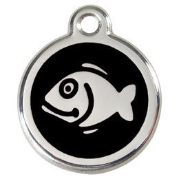 Produktbild von RedDingo Katzenmarke Fisch Schwarz aus Edelstahl und Emaille mit individueller Gravur 20mm