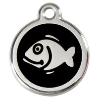 Produktbild von RedDingo Katzenmarke Fisch Schwarz aus Edelstahl und Emaille mit individueller Gravur 20mm