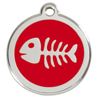 Produktbild von RedDingo Katzenmarke mit Gravur in Rot und Fischgräten-Design aus Edelstahl und Emaille 20mm