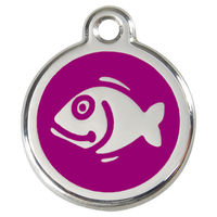 Produktbild von RedDingo Katzenmarke mit individueller Gravur Fisch in Purple aus Edelstahl und Emaille 24mm