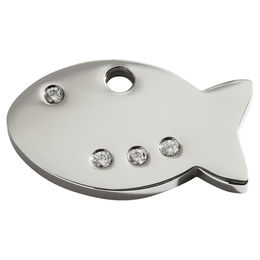 Produktbild von RedDingo Katzenmarke mit individueller Gravur und Swarovski-Steinbesatz in Fischform aus Edelstahl mit Emaille 27,5mm