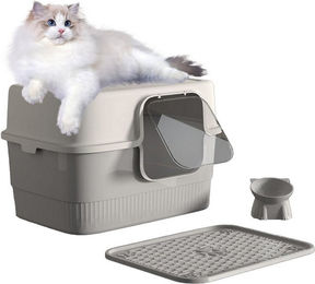 REDOM Katzentoilette mit Haube aus Kunststoff inklusive Matte Schaufel und Napf in Grau Transparent für Katzen und Kitten – Bild 1 von 2