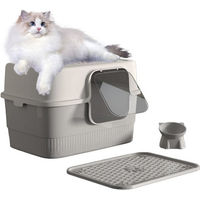 Produktbild von REDOM Katzentoilette mit Haube aus Kunststoff inklusive Matte Schaufel und Napf in Grau Transparent für Katzen und Kitten