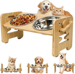 Refined Living Erhöhter Futternapf aus Bambus mit 2 Edelstahlnäpfen für Hunde und Katzen, ergonomische Futterstation mit 6 verstellbaren Höhen und 15 Grad Neigung zur Förderung der Verdauung – Bild 1 von 5