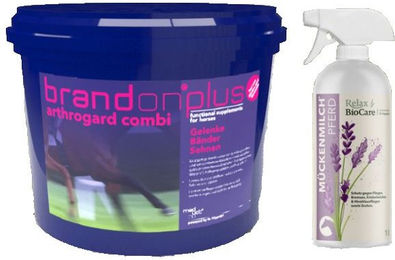 Produktbild von Relax BioCare Mückenmilch und Brandon Plus Arthrogard Combi Gelenk-Supplement für Pferde 1000g