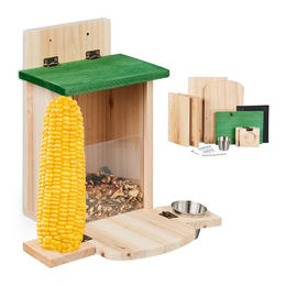 Relaxdays Eichhörnchen Futterhaus aus Holz mit Maiskolbenhalter und Napf in Natur/Grün – Bild 1 von 9