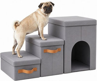 Relaxdays Faltbare Hundetreppe mit 3 Stufen aus Polyester in Grau für kleine Hunde und erwachsene Tiere – Bild 1 von 5