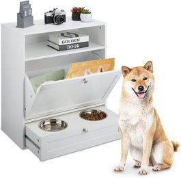 Relaxdays Futterschrank für Hunde mit 2 Edelstahl-Futternäpfen in Weiß – Bild 1 von 6