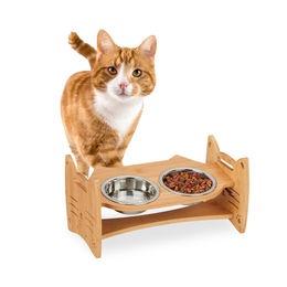 Relaxdays Futterstation aus Bambus für Katzen und kleine Hunde mit 2 Näpfen höhenverstellbar Natur/Silber – Bild 1 von 13
