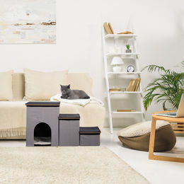 Relaxdays Haustiertreppe mit 3 Stufen und Kuschelhöhle für Hunde und Katzen in Grau – Bild 1 von 8