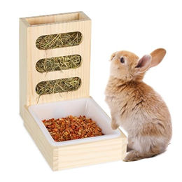 Relaxdays Heuraufe aus Holz mit Futterschale für Kaninchen und Meerschweinchen in Naturoptik – Bild 1 von 5