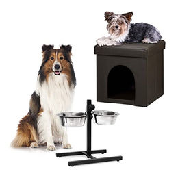 Relaxdays Home Sweet Hund Deluxe L Set mit Hundebox als Sitzhocker, Tierhöhle und höhenverstellbarem Doppelnapf in Braun – Bild 1 von 5