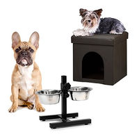 Produktbild von Relaxdays Home Sweet Hund Deluxe Set mit Tierhöhle Sitzhocker und höhenverstellbarem Doppelnapf in Braun
