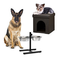 Produktbild von Relaxdays Home Sweet Hund Deluxe XL Set mit Hundebox als Sitzhocker mit Tierhöhle und höhenverstellbarer Futterstation mit Doppelnapf in Braun