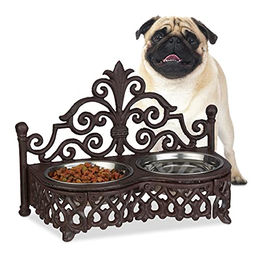 Relaxdays Hund Futternapf Set Doppelnapf im Antik-Stil aus Gusseisen mit Edelstahlnäpfen Braun - 2 x 0,3 l – Bild 1 von 7