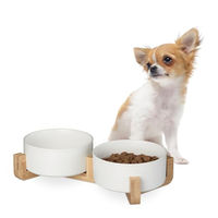 Produktbild von Relaxdays Hunde Napfbar aus Keramik mit Bambus-Gestell weiß 850 ml für kleine bis mittelgroße Hunde - 1,7 l
