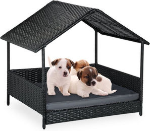 relaxdays Hundebett mit Dach und Kissen aus Polyrattan für erwachsene Hunde in Anthrazit – Bild 1 von 12