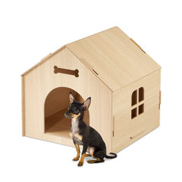 Relaxdays Hundehütte Indoor zum Selberbauen aus MDF für kleine Hunde und Katzen in Natur – Bild 1 von 13