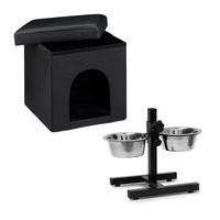 Produktbild von Relaxdays Hundeset M mit erhöhter Futterstation und Sitzhocker aus Kunstleder Schwarz
