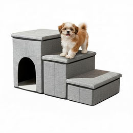 Relaxdays Hundetreppe mit 3 Stufen aus Polyester in Grau für kleine Hunde und erwachsene Tiere – Bild 1 von 9