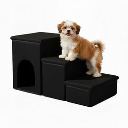 Relaxdays Hundetreppe mit 3 Stufen und Kuschelhöhle aus Polyester in Schwarz – Bild 1 von 10