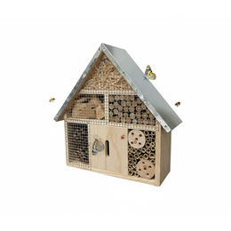 Relaxdays Insektenhotel aus Holz mit wetterfestem Metalldach in Natur/Silber 28 x 30 x 9 cm – Bild 1 von 13