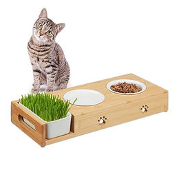Relaxdays Katzen Futterstation aus Bambus mit 2 Keramiknäpfen und Katzengras-Halterung in Natur/Weiß – Bild 1 von 6