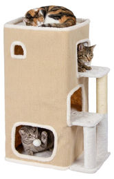 Relaxdays Katzenhaus 3-stöckig mit Katzenhöhle, Kratzbaum und Ball, beige, Polyester – Bild 1 von 5