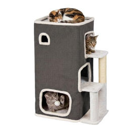 Relaxdays Katzenhaus 3-stöckiger Kratzbaum mit Katzenhöhle und Ball, grau, Polyester, 83,5x43x34 cm – Bild 1 von 8