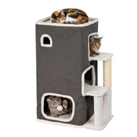 Produktbild von Relaxdays Katzenhaus 3-stöckiger Kratzbaum mit Katzenhöhle und Ball, grau, Polyester, 83,5x43x34 cm
