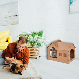Relaxdays Katzenhaus aus Pappe mit Kratzbrett und Katzenminze, Katzenhöhle braun, 36 x 49 x 29 cm – Bild 1 von 9