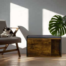 Relaxdays Katzenkloschrank als Möbel-Toilette mit Sitzbank im Industrial Design aus Holz, Schwarz/Braun – Bild 1 von 10