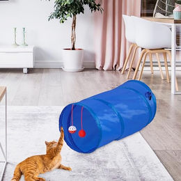 Relaxdays Katzentunnel aus Polyester mit Spielzeug und Tasche blau faltbar – Bild 1 von 4
