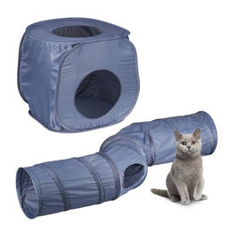 Relaxdays Katzentunnel mit Katzenhöhle 2 in 1 Pop-up Katzenzelt grau aus Polyester – Bild 1 von 6
