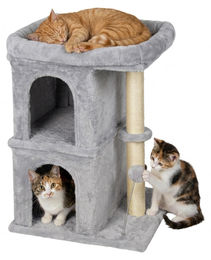Relaxdays Kratzbaum für Katzen mit 2 Höhlen und Spielzeug in Grau – Bild 1 von 6
