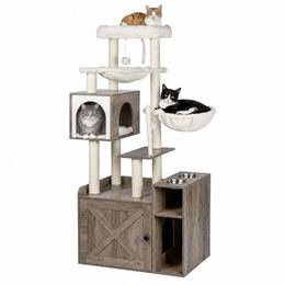 Relaxdays Kratzbaum für Katzen mit Katzenkloschrank und Futterstation in Holzoptik, Hellbraun, 144x71x45,5 cm – Bild 1 von 3