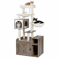 Produktbild von Relaxdays Kratzbaum für Katzen mit Katzenkloschrank und Futterstation in Holzoptik, Hellbraun, 144x71x45,5 cm