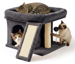 Relaxdays Kratzbaum für Katzen mit Höhle und Liegefläche aus Sisal in Grau, kompakt – Bild 1 von 11
