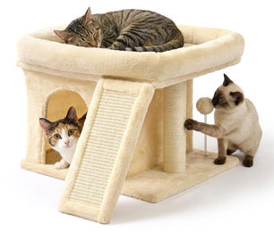 Relaxdays Kratzbaum für Katzen mit Höhle und Liegefläche in Beige aus Polyester – Bild 1 von 4