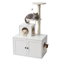 Relaxdays Kratzbaum mit Katzenkloschrank in Weiß mit Sisalstämmen und Liegemulde, 133x78x49 cm – Bild 1 von 3